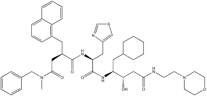 (3S,4S)-3-Hydroxy-5-cyclohexyl-4-[[(2S)-3-(4-thiazolyl)-2-[[(2R)-2-[N-benzyl-N-methylaminocarbonylmethyl]-3-(1-naphthalenyl)propionyl]amino]propionyl]amino]-N-(2-morpholinoethyl)valeramide Struktur