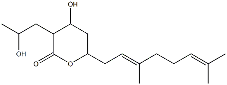 4-Hydroxy-3-(2-hydroxypropyl)-6-[(2E)-3,7-dimethyl-2,6-octadienyl]-tetrahydro-2H-pyran-2-one Struktur