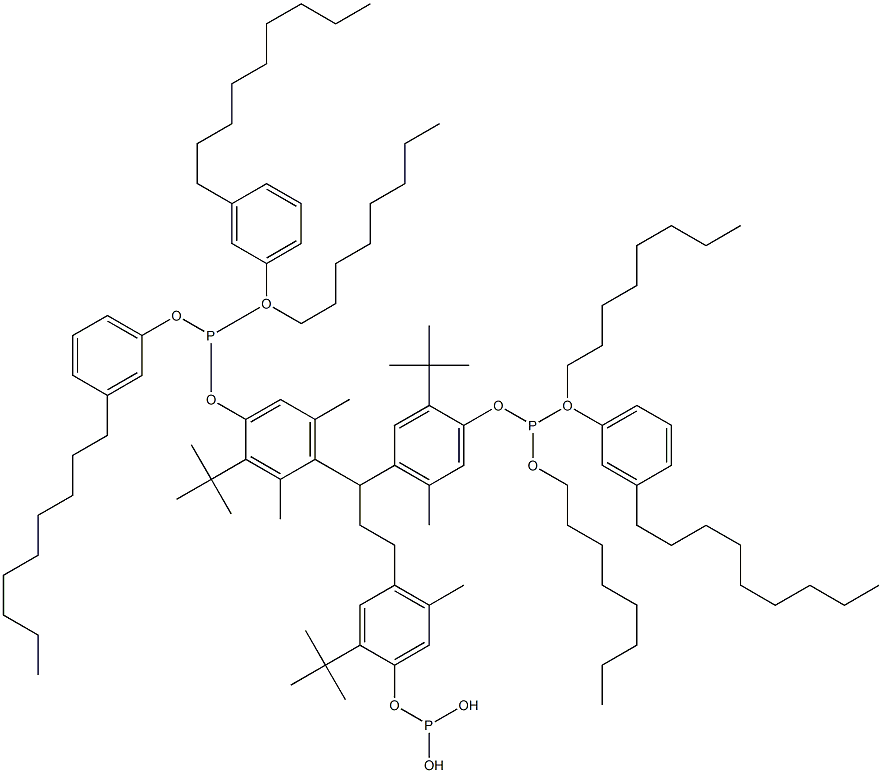 [3-Methyl-1,1,3-propanetriyltris(2-tert-butyl-5-methyl-4,1-phenyleneoxy)]tris(phosphonous acid)O,O',O''-trioctyl O,O',O''-tris(3-nonylphenyl) ester Struktur