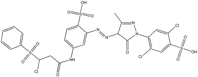 2,5-Dichloro-4-[[4-[[5-[[3-chloro-1-oxo-3-(phenylsulfonyl)propyl]amino]-2-sulfophenyl]azo]-4,5-dihydro-3-methyl-5-oxo-1H-pyrazol]-1-yl]benzenesulfonic acid Struktur