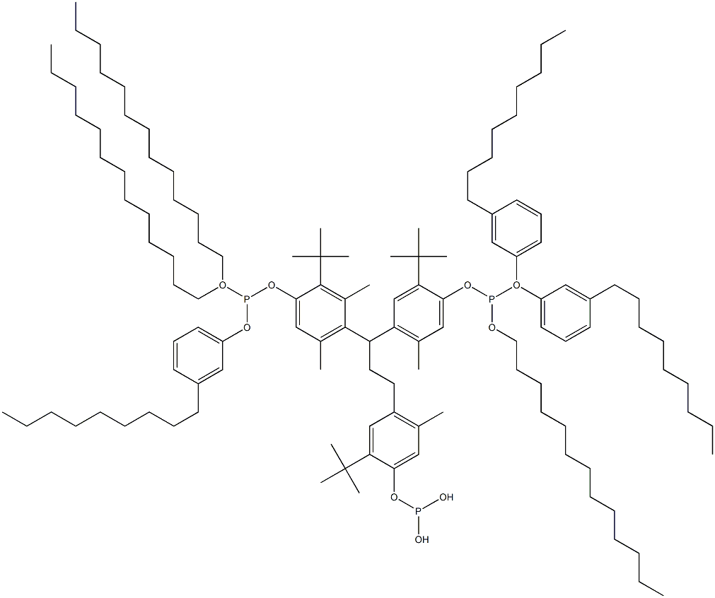 [3-Methyl-1,1,3-propanetriyltris(2-tert-butyl-5-methyl-4,1-phenyleneoxy)]tris(phosphonous acid)O,O',O'-tritridecyl O,O'',O''-tris(3-nonylphenyl) ester Struktur