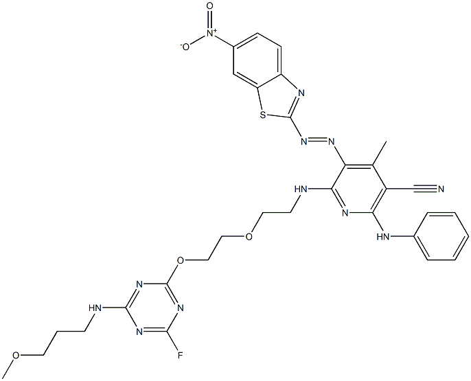 2-[6-Anilino-5-cyano-2-[2-[2-[4-fluoro-6-(3-methoxypropylamino)-1,3,5-triazin-2-yloxy]ethoxy]ethylamino]-4-methyl-3-pyridylazo]-6-nitrobenzothiazole Struktur