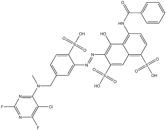 4-(Benzoylamino)-6-[[5-[[(5-chloro-2,6-difluoro-4-pyrimidinyl)(methyl)amino]methyl]-2-sulfophenyl]azo]-5-hydroxy-1,7-naphthalenedisulfonic acid Struktur