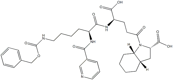 (2S,3aS,7aS)-Octahydro-1-[(4R)-4-[[(2S)-2-(3-pyridinylcarbonylamino)-6-benzyloxycarbonylaminohexanoyl]amino]-4-carboxybutyryl]-1H-indole-2-carboxylic acid Struktur