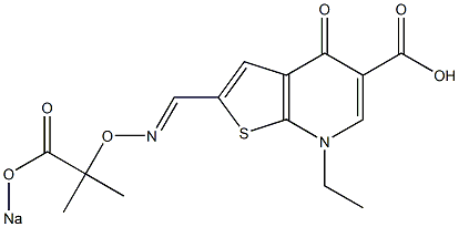 2-[[2-(Sodiooxycarbonyl)propan-2-yl]oxyiminomethyl]-7-ethyl-4,7-dihydro-4-oxothieno[2,3-b]pyridine-5-carboxylic acid Struktur