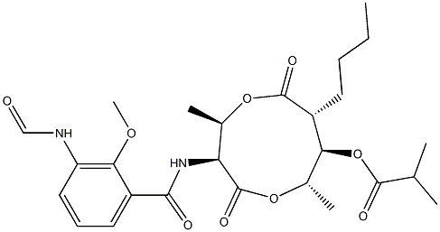 2-Methylpropanoic acid (3S,4R,7R,8R,9S)-3-[(3-formylamino-2-methoxybenzoyl)amino]-4,9-dimethyl-2,6-dioxo-7-butyl-1,5-dioxonan-8-yl ester Struktur