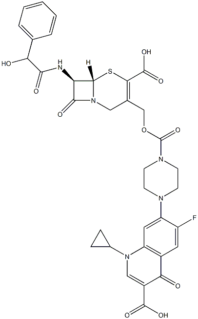 (7R)-7-[[(2R)-Hydroxyphenylacetyl]amino]-3-[[4-[(1-cyclopropyl-6-fluoro-3-carboxy-1,4-dihydro-4-oxoquinolin)-7-yl]-1-piperazinylcarbonyloxy]methyl]cepham-3-ene-4-carboxylic acid Struktur