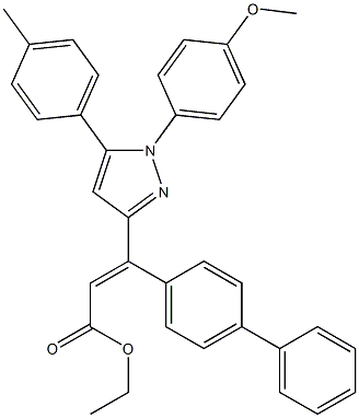 (E)-3-(4-Phenylphenyl)-3-[[1-(4-methoxyphenyl)-5-(4-methylphenyl)-1H-pyrazol]-3-yl]propenoic acid ethyl ester Struktur