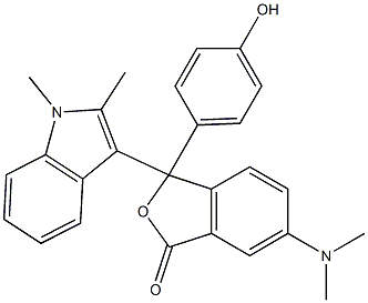 6-(Dimethylamino)-3-(4-hydroxyphenyl)-3-(1,2-dimethyl-1H-indol-3-yl)isobenzofuran-1(3H)-one Struktur