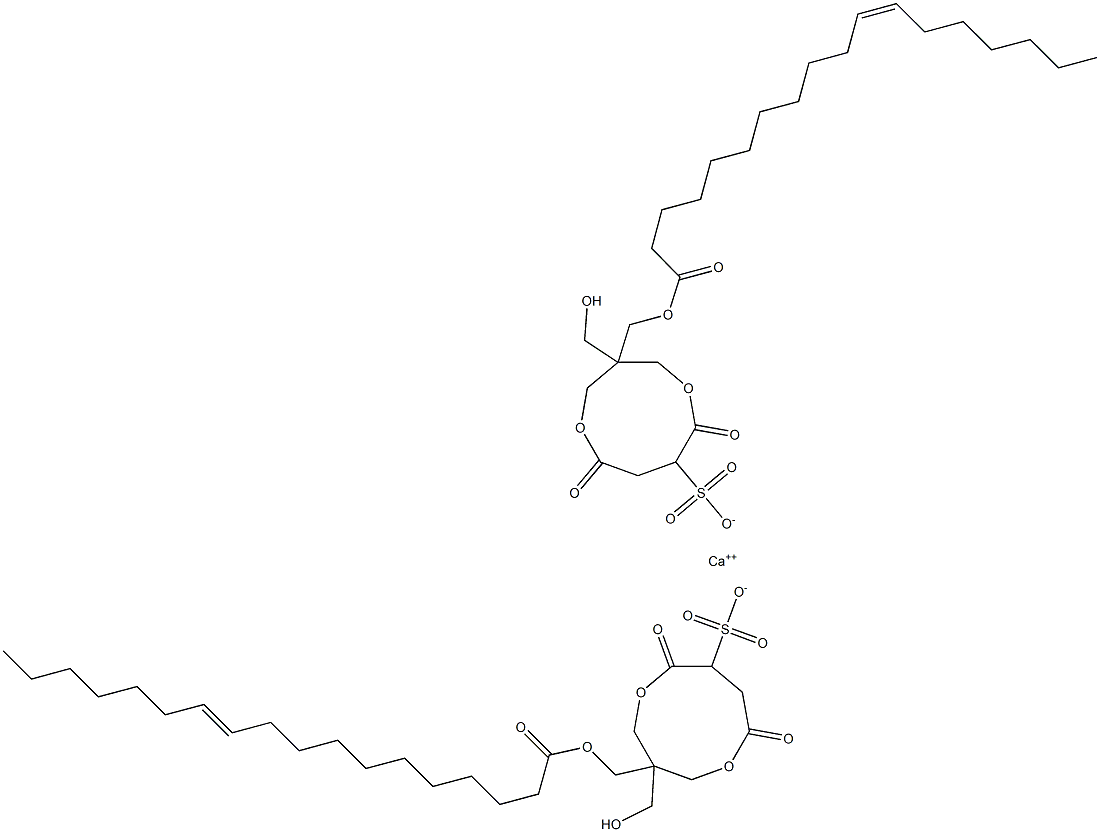 Bis[1-[[[(11Z)-1-oxo-11-octadecenyl]oxy]methyl]-1-(hydroxymethyl)-4,7-dioxo-3,8-dioxacyclononane-6-sulfonic acid]calcium salt Struktur