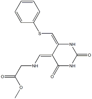 (5Z,6E)-5,6-Dihydro-5-(2-methoxy-2-oxoethyl)aminomethylene-6-phenylthiomethylenepyrimidine-2,4(1H,3H)-dione Struktur