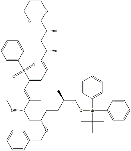 (1R,3S,4E,6Z,8E,10S,12S,15R)-16-(tert-Butyldiphenylsilyloxy)-1,3,9,15-tetramethyl-10-methoxy-12-(benzyloxy)-7-(phenylsulfonyl)-1-(1,3-dithian-2-yl)-4,6,8-hexadecatriene Struktur