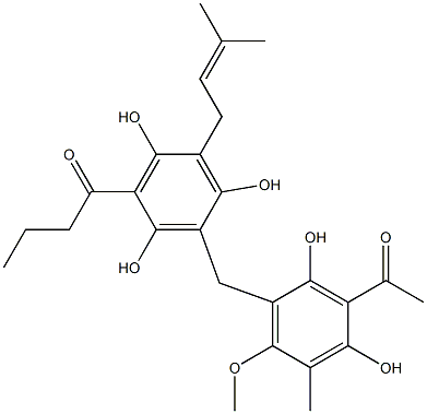 3'-(3-Acetyl-2,4-dihydroxy-5-methyl-6-methoxybenzyl)-2',4',6'-trihydroxy-5'-(3-methyl-2-butenyl)butyrophenone Struktur