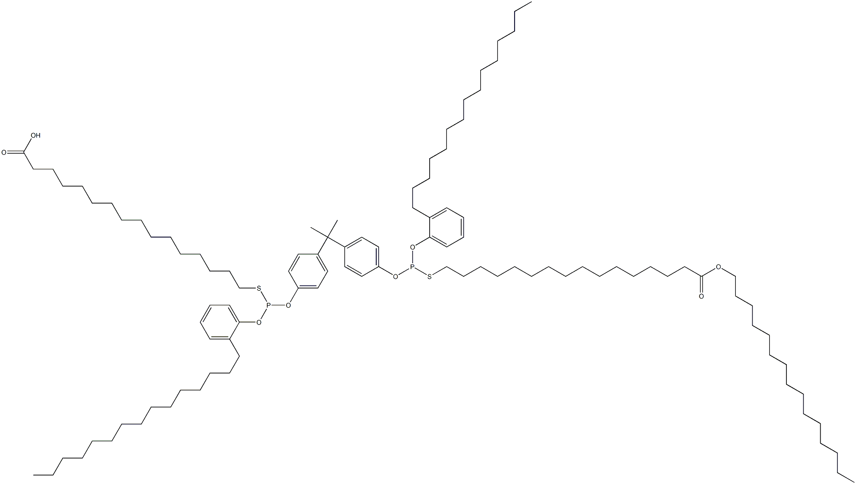 16,16'-[[Isopropylidenebis(4,1-phenyleneoxy)]bis[[(2-pentadecylphenyl)oxy]phosphinediylthio]]bis(hexadecanoic acid pentadecyl) ester Struktur