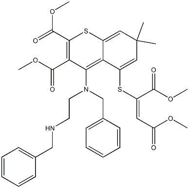 4-[Benzyl[2-(benzylamino)ethyl]amino]-5-[[(E)-1,2-bis(methoxycarbonyl)ethenyl]thio]-7,7-dimethyl-7H-1-benzothiopyran-2,3-dicarboxylic acid dimethyl ester Struktur