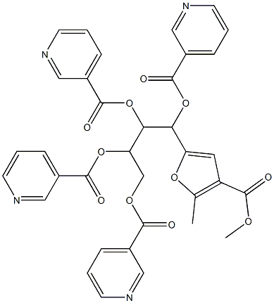 2-Methyl-5-[1,2,3,4-tetrakis(3-pyridylcarbonyloxy)butyl]-3-furancarboxylic acid methyl ester Struktur