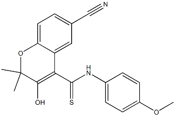 6-Cyano-3-hydroxy-N-(4-methoxyphenyl)-2,2-dimethyl-2H-1-benzopyran-4-carbothioamide Struktur