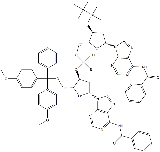 3'-O-(tert-Butyldimethylsilyl)-N-benzoyl-2'-deoxyadenosine 5'-thiophosphoric acid [5'-O-(4,4'-dimethoxytrityl)-N-benzoyl-2'-deoxy-3'-adenosyl] ester Struktur