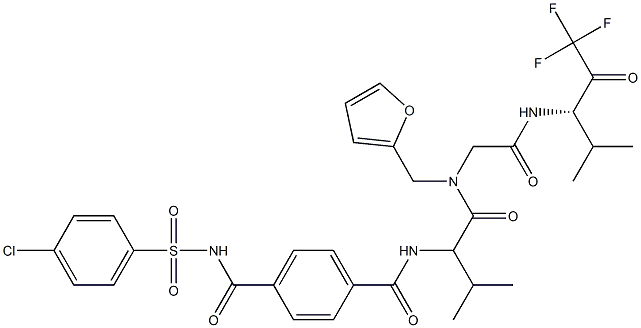 N-[(1S)-1-[[[2-Furanylmethyl][[[1-(trifluoroacetyl)-2-methylpropyl]carbamoyl]methyl]amino]carbonyl]-2-methylpropyl]-N'-[(4-chlorophenyl)sulfonyl]terephthalamide Struktur