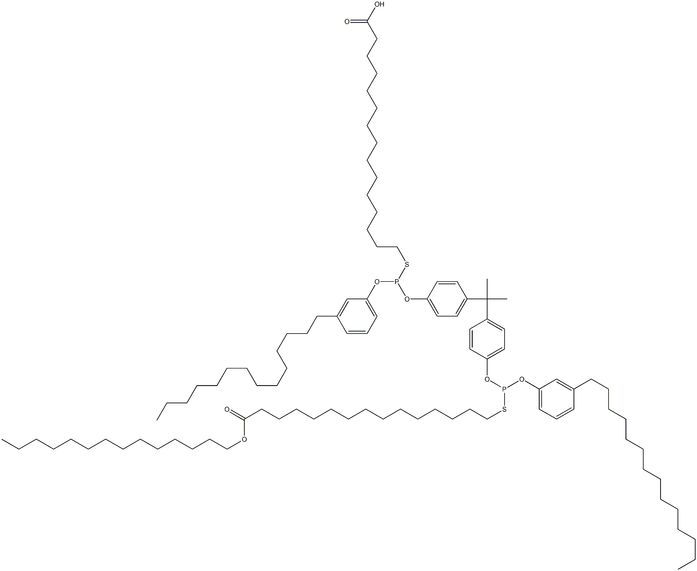 15,15'-[[Isopropylidenebis(4,1-phenyleneoxy)]bis[[(3-tetradecylphenyl)oxy]phosphinediylthio]]bis(pentadecanoic acid tetradecyl) ester Struktur