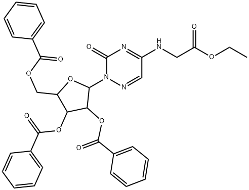 4-(benzoyloxy)-5-[(benzoyloxy)methyl]-2-(5-[(2-ethoxy-2-oxoethyl)amino]-3-oxo-1,2,4-triazin-2(3H)-yl)tetrahydro-3-furanyl benzoate Struktur