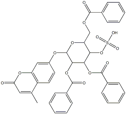 3-(benzoyloxy)-6-[(benzoyloxy)methyl]-2-[(4-methyl-2-oxo-2H-chromen-7-yl)oxy]-5-(sulfooxy)tetrahydro-2H-pyran-4-yl benzoate Struktur