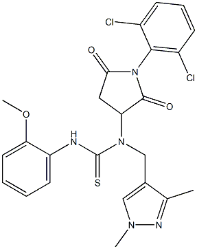 N-[1-(2,6-dichlorophenyl)-2,5-dioxo-3-pyrrolidinyl]-N-[(1,3-dimethyl-1H-pyrazol-4-yl)methyl]-N'-(2-methoxyphenyl)thiourea Struktur