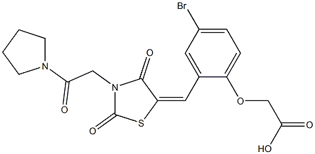 [4-bromo-2-({2,4-dioxo-3-[2-oxo-2-(1-pyrrolidinyl)ethyl]-1,3-thiazolidin-5-ylidene}methyl)phenoxy]acetic acid Struktur