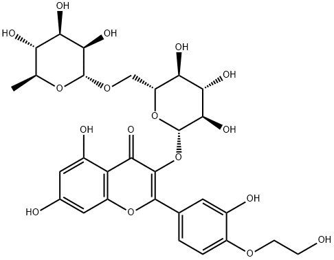 5,7-dihydroxy-2-[3-hydroxy-4-(2-hydroxyethoxy)phenyl]-3-[(2S,3R,4S,5S,6R)-3,4,5-trihydroxy-6-[[(2R,3R,4R,5R,6S)-3,4,5-trihydroxy-6-methyloxan-2-yl]oxymethyl]oxan-2-yl]oxychromen-4-one Struktur