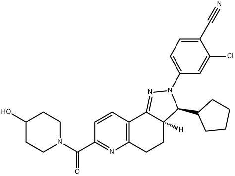 Benzonitrile, 2-chloro-4-[(3S,3aR)-3-cyclopentyl-3,3a,4,5-tetrahydro-7-[(4-hydroxy-1-piperidinyl)carbonyl]-2H-pyrazolo[3,4-f]quinolin-2-yl]- Struktur