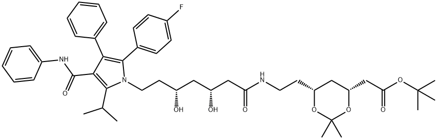 tert-butyl 2-((4R,6R)-6-(2-((3R,5R)-7-(2-(4-fluorophenyl)-5- isopropyl-3-phenyl-4-(phenylcarbamoyl)-1H-pyrrol-1-yl)-3,5- dihydroxyheptanamido)ethyl)-2,2-dimethyl-1,3-dioxan-4-yl)acetate Struktur