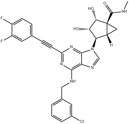 (1S,2R,3S,4R,5S)-4-[6-[[(3-Chlorophenyl)methyl]amino]-2-[2-(3,4-difluorophenyl)ethynyl]-9H-purin-9-yl]-2,3-dihydroxy-N-methylbicyclo[3.1.0]hexane-1-carboxamide Struktur