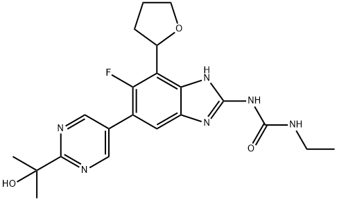 1-ethyl-3-(6-fluoro-5-(2-(2-hydroxypropan-2-yl)pyrimidin-5-yl)-7-(tetrahydrofuran-2-yl)-1H-benzo[d]imidazol-2-yl)urea Struktur