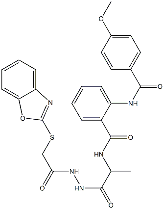 N-(2-{2-[(1,3-benzoxazol-2-ylsulfanyl)acetyl]hydrazino}-1-methyl-2-oxoethyl)-2-[(4-methoxybenzoyl)amino]benzamide Struktur