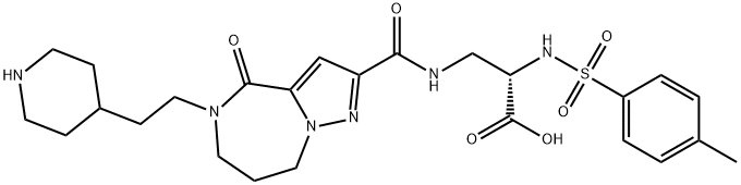 (2S)-2-[(4-methylphenyl)sulfonylamino]-3-[[4-oxo-5-(2-piperidin-4-ylethyl)-7,8-dihydro-6H-pyrazolo[1,5-a][1,4]diazepine-2-carbonyl]amino]propanoicacid Struktur