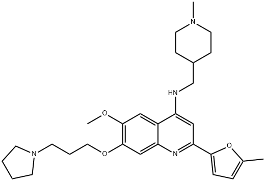 7-(3-(pyrrolidin-1-yl)propoxy)-6-methoxy-2-(5-methylfuran-2-yl)-N-((1-methylpiperidin-4-yl)methyl)quinolin-4-amine Struktur