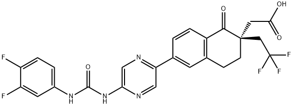 2-Naphthaleneacetic acid, 6-[5-[[[(3,4-difluorophenyl)amino]carbonyl]amino]-2-pyrazinyl]-1,2,3,4-tetrahydro-1-oxo-2-(2,2,2-trifluoroethyl)-, (2S)- Struktur