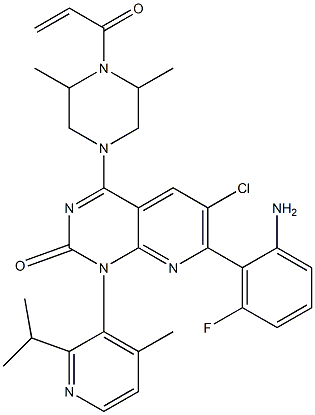 4-(4-acryloyl-3,5-dimethylpiperazin-1-yl)-7-(2-amino-6-fluorophenyl)-6-chloro-1-(2-isopropyl-4-methylpyridin-3-yl)pyrido[2,3-d]pyrimidin-2(1H)-one Struktur