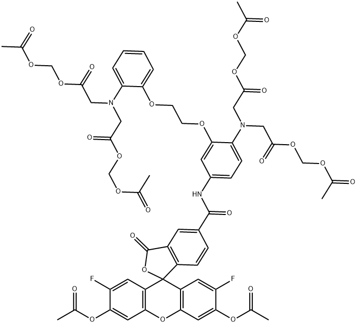 N-[2-[(Acetyloxy)methoxy]-2-oxoethyl]-N-[4-[[[3',6'-bis(acetyloxy)-2',7'-difluoro-3-oxospiro[isobenzofuran-1(3H),9'-[9H]xanthen]-5-yl]carbonyl]amino]-2-[2-[2-[bis[2-[(acetyloxy)methoxy]-2-oxoethyl]amino]phenoxy]ethoxy]phenyl]glycine (acetyloxy)methyl ester Struktur