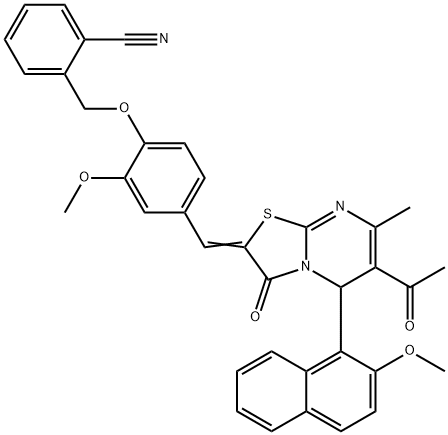 2-[(4-{[6-acetyl-5-(2-methoxy-1-naphthyl)-7-methyl-3-oxo-5H-[1,3]thiazolo[3,2-a]pyrimidin-2(3H)-ylidene]methyl}-2-methoxyphenoxy)methyl]benzonitrile Struktur