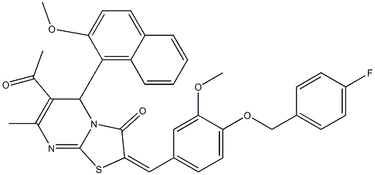 6-acetyl-2-{4-[(4-fluorobenzyl)oxy]-3-methoxybenzylidene}-5-(2-methoxy-1-naphthyl)-7-methyl-5H-[1,3]thiazolo[3,2-a]pyrimidin-3(2H)-one Struktur