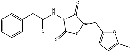 N-{5-[(5-methyl-2-furyl)methylene]-4-oxo-2-thioxo-1,3-thiazolidin-3-yl}-2-phenylacetamide Struktur