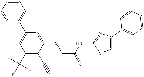 2-{[3-cyano-6-phenyl-4-(trifluoromethyl)-2-pyridinyl]sulfanyl}-N-(4-phenyl-1,3-thiazol-2-yl)acetamide Struktur