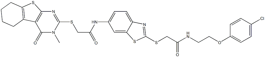 N-{2-[(2-{[2-(4-chlorophenoxy)ethyl]amino}-2-oxoethyl)sulfanyl]-1,3-benzothiazol-6-yl}-2-[(3-methyl-4-oxo-3,4,5,6,7,8-hexahydro[1]benzothieno[2,3-d]pyrimidin-2-yl)sulfanyl]acetamide Struktur