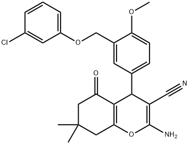 2-amino-4-{3-[(3-chlorophenoxy)methyl]-4-methoxyphenyl}-7,7-dimethyl-5-oxo-5,6,7,8-tetrahydro-4H-chromene-3-carbonitrile Struktur