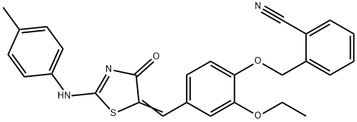 2-{[2-ethoxy-4-({2-[(4-methylphenyl)imino]-4-oxo-1,3-thiazolidin-5-ylidene}methyl)phenoxy]methyl}benzonitrile Struktur