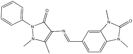 5-{[(1,5-dimethyl-3-oxo-2-phenyl-2,3-dihydro-1H-pyrazol-4-yl)imino]methyl}-1,3-dimethyl-1,3-dihydro-2H-benzimidazol-2-one Struktur