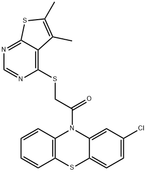 2-chloro-10-{[(5,6-dimethylthieno[2,3-d]pyrimidin-4-yl)sulfanyl]acetyl}-10H-phenothiazine Struktur