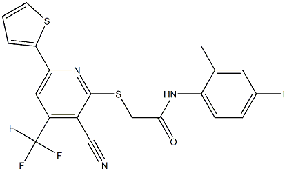 2-{[3-cyano-6-thien-2-yl-4-(trifluoromethyl)pyridin-2-yl]sulfanyl}-N-(4-iodo-2-methylphenyl)acetamide Struktur