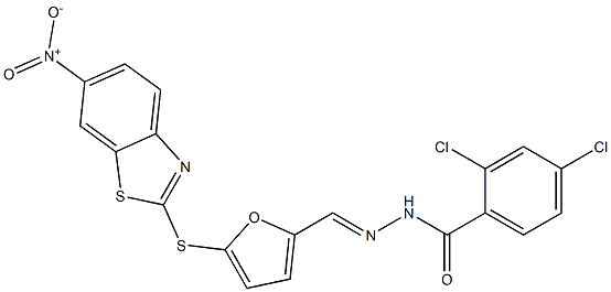 2,4-dichloro-N'-{[5-({6-nitro-1,3-benzothiazol-2-yl}sulfanyl)-2-furyl]methylene}benzohydrazide Struktur